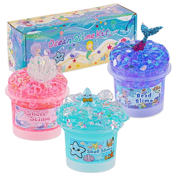 Slime Kit Okaybee Ocean - Cuenta con diseño de sirena (3 unidades, 100 ml), color rosa y azul