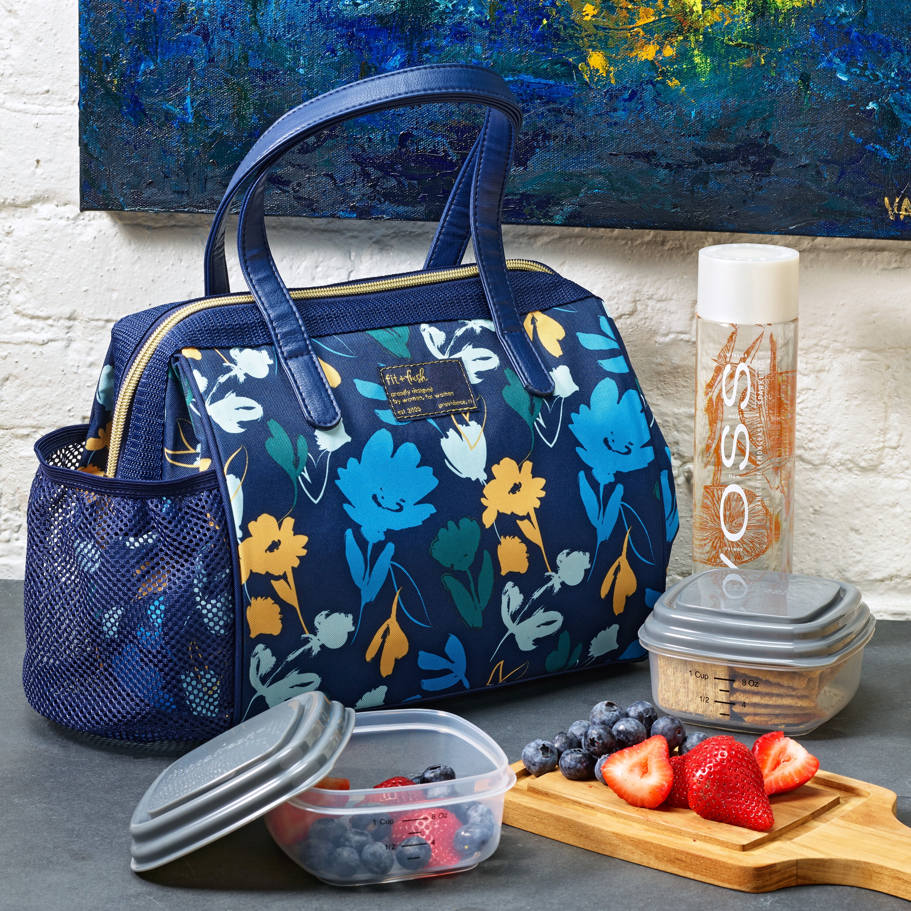 Fit + Fresh Cloverdale Adult Insulated Lunch Bag with Containers, Cute Lunch Bag For Women, Navy