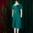 thumbnail image 3 of AURA Plus Size Square Neck A Line Midi Dress High Waist Large Skirt Bell Sleeve Solid Color Belted Dress with Flower, 3 of 9