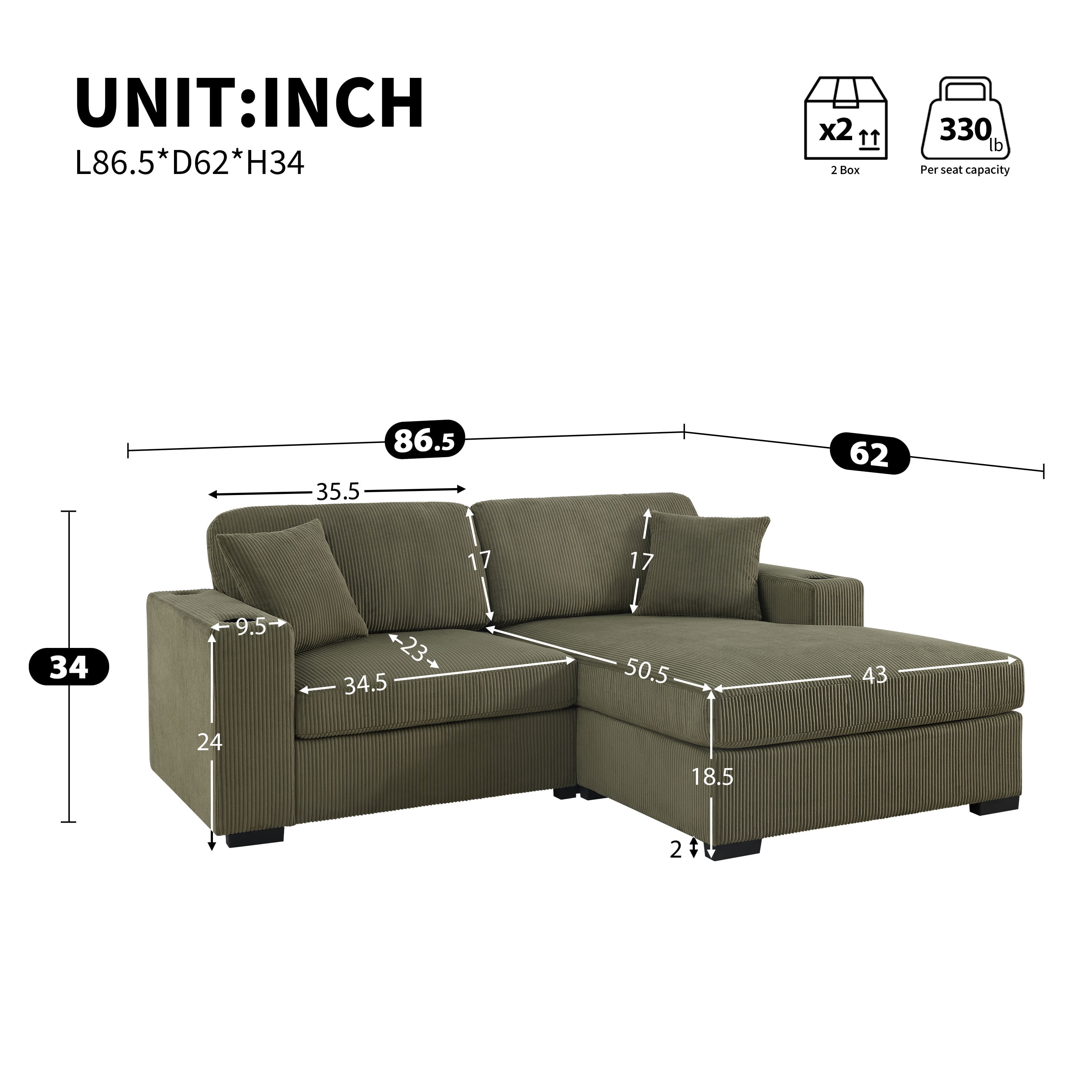 GARITIN L Shaped Sectional Sofa 86.5 Inch, Corduroy Upholstered Couch with Cup Holders and Charging Ports for Living Room, Green
