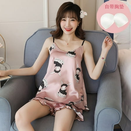 

PIKADINGNIS Fruit Print Lovely Sleepwear Home Suit Summer V-Neck Sleeveless Sexy Pyjamas Womens Two Piece Silk Pajamas Set with Chest Pad