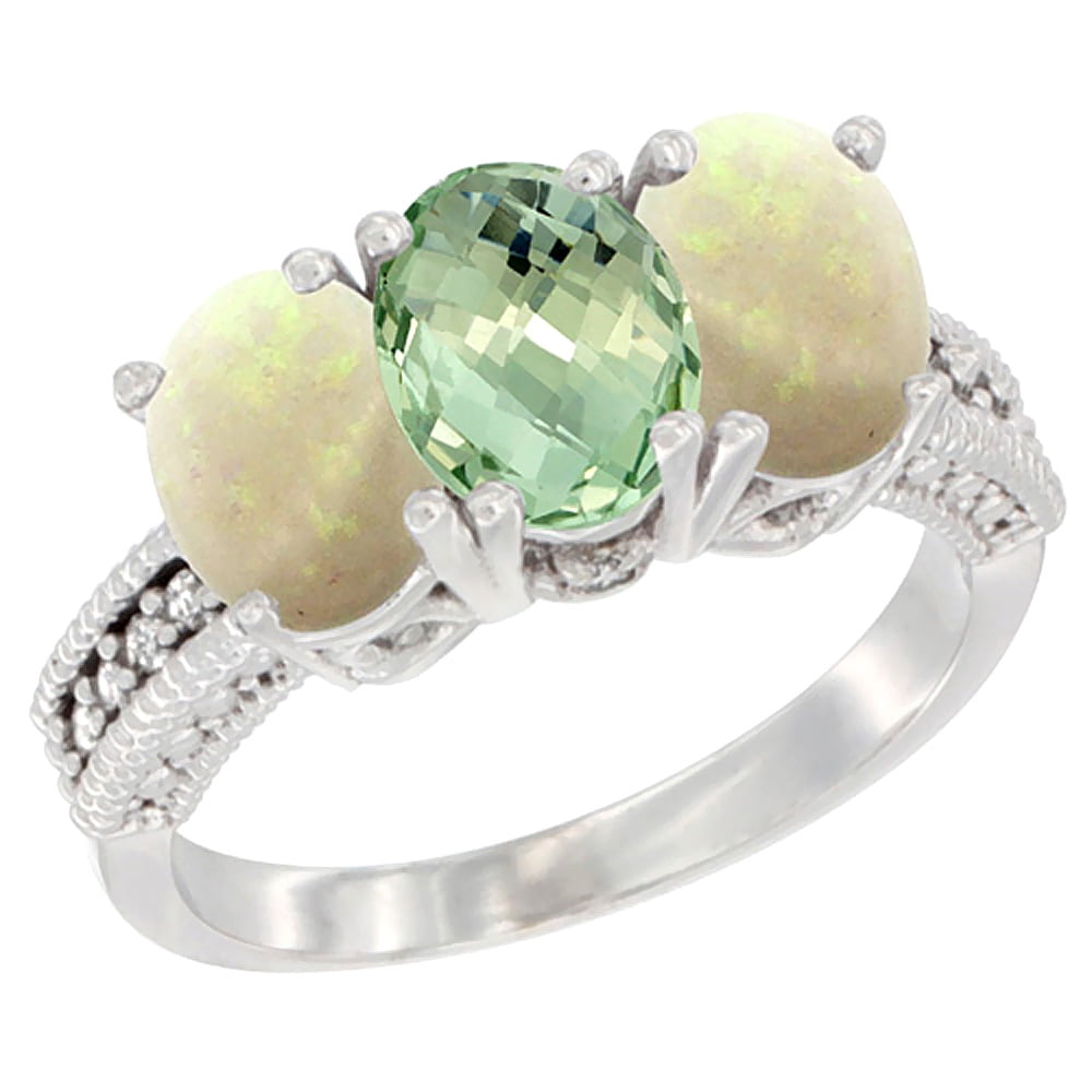 10K White Gold Diamond Natural Green Amethyst & Opal Ring 3-Stone 7x5 mm Oval, sizes 5 10 by WorldJewels