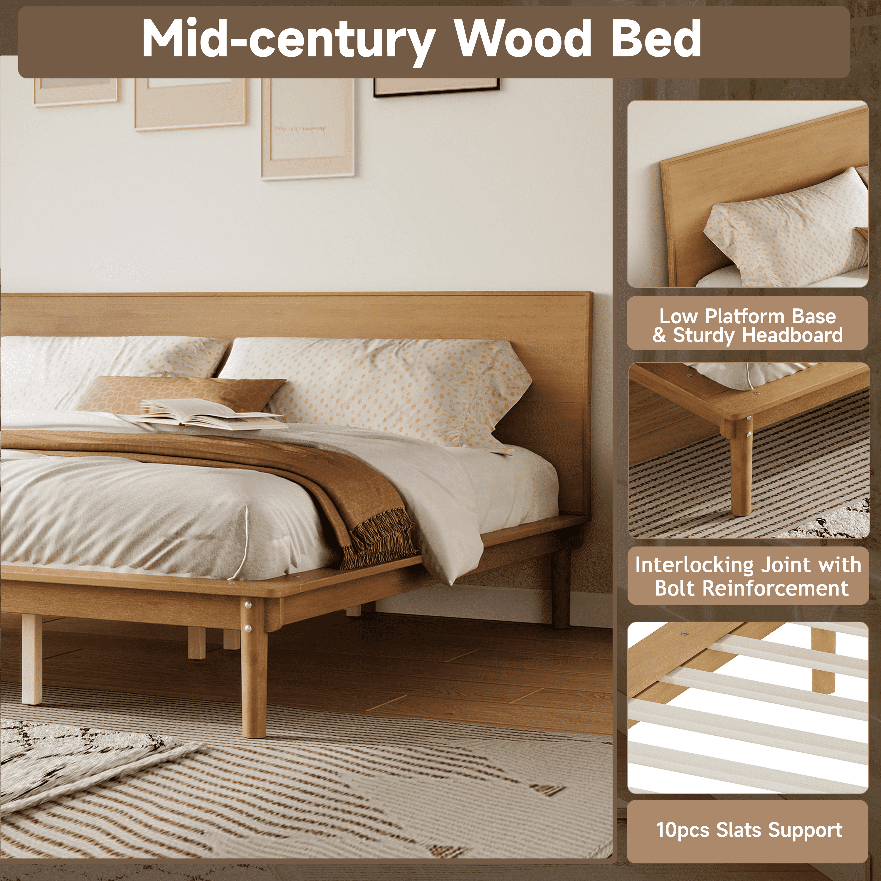 Euroco Wood Mid-Century Queen Bed, Low Profile Platform Bed Frame with Subtly Angled Headboard, Widened Side Rails, No Box Spring Needed, Natural