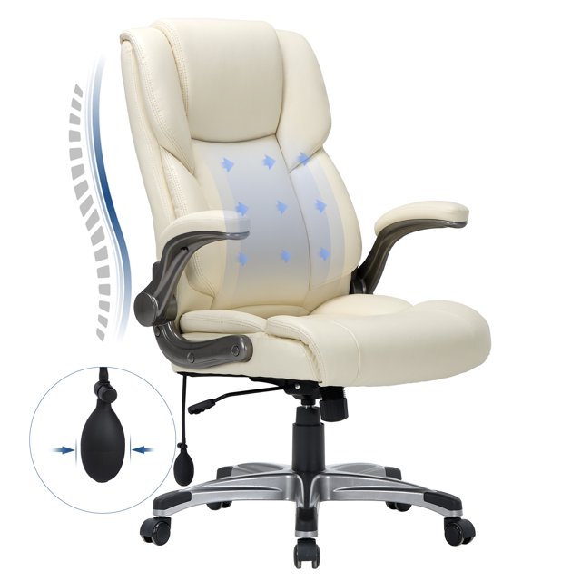 MALOL Chaise de Bureau Exécutive à Dossier Haut – Chaise de Bureau Ergonomique en Cuir avec Accoudoirs Relevables, Inclinaison Réglable et Conception Pivotante à Roulettes pour la Maison et le Bureau, Ivoire