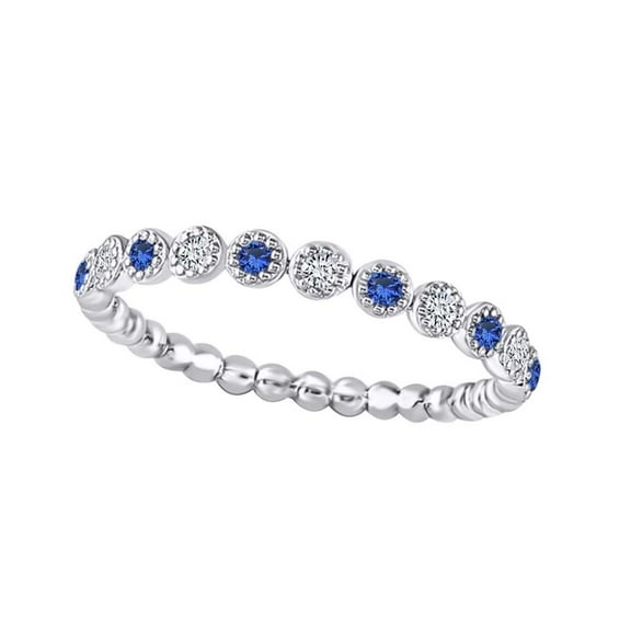 AFFY 1/6 Carat White Natural Diamond & Round Simulated Blue Sapphire Beaded Dot Stackable Band Ring In 10K Solid White Gold