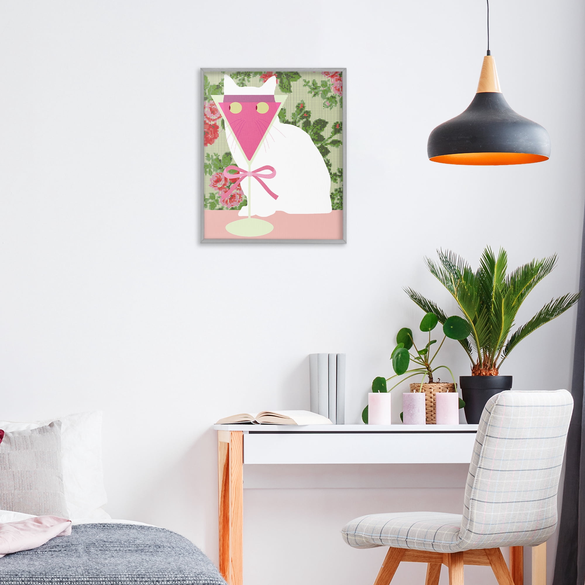 Stupell Industries White Cat with Pink Martini Gray Framed Giclee Art, design by Lil' Rue