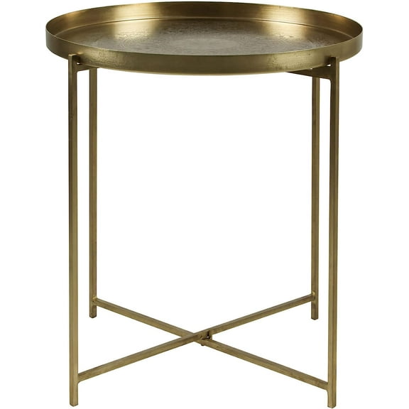East at Main Gold Tray Top Round Side Table, Decorative End Table with Antique Brass Finish, Intricate Hand Carving, Strong Iron Legs - 20" X 21.7"