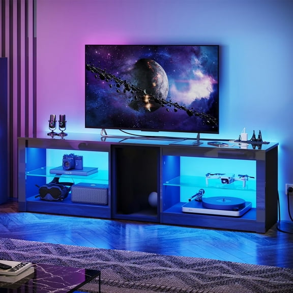 Bestier TV Stand for 70 inch TV with Power Outlets, High Gloss Entertainment Center with LED Lights & Glass Shelves, Glossy Black