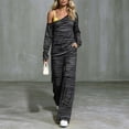 thumbnail image 5 of vdgthytj 2 Piece Sets for Women Striped Long Sleeve off Shoulder Tops Wide Leg Pants Fall Casual Loungewear Outfits(Medium,Black), 5 of 6