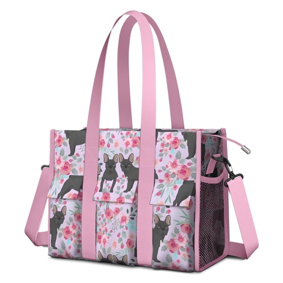Teacher Tote Bag,French Bulldog and Flower Teacher Utility Tote Bag,Large Work Tote Bags for Women with Multiple Pockets,Top Zipper Closure,13.8x10.6x6.7 Inch