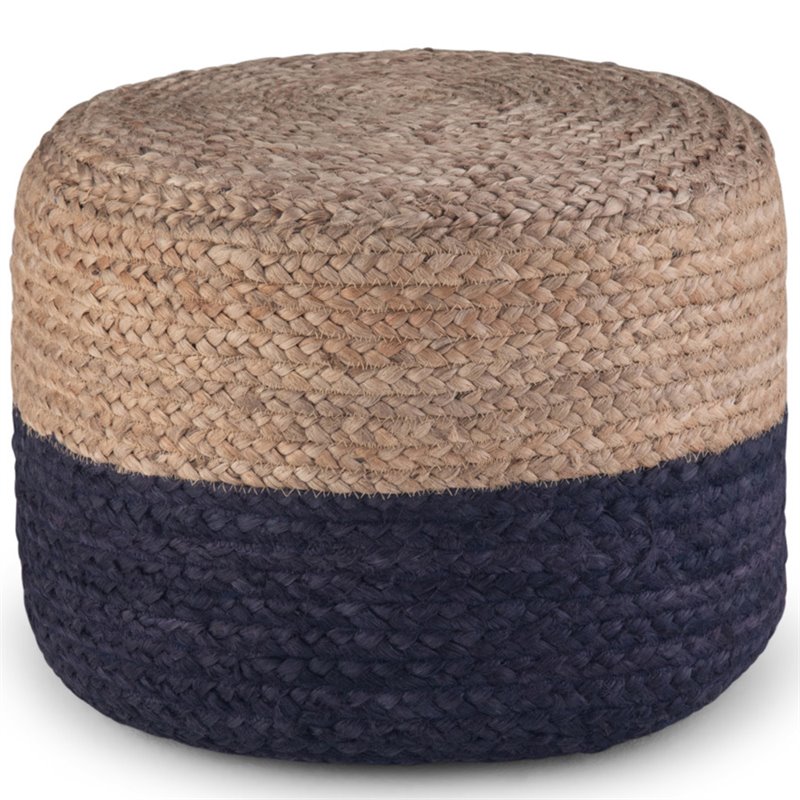 Simpli Home Lydia Contemporary Round Braided Jute Ottoman in Navy Blue