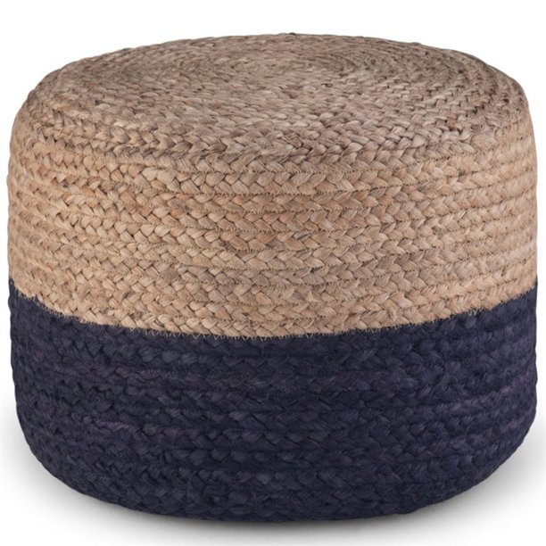 Simpli Home Lydia Contemporary Round Braided Jute Ottoman in Navy Blue