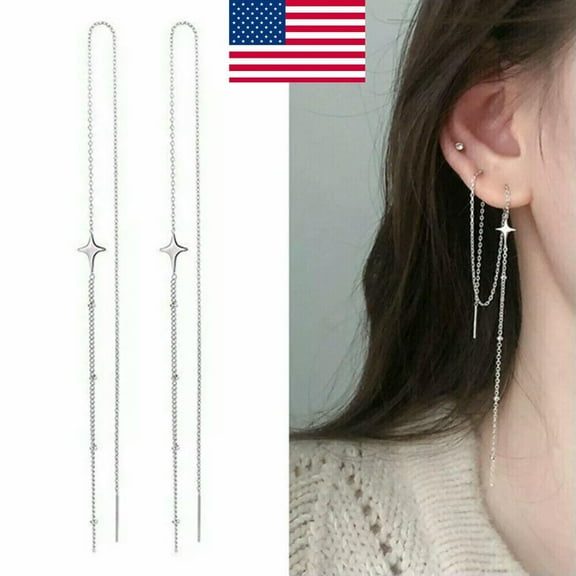 K-KED Women 925 Silver Star Dangle Hanging Crystal Tassel Long Drop Earrings Gift US