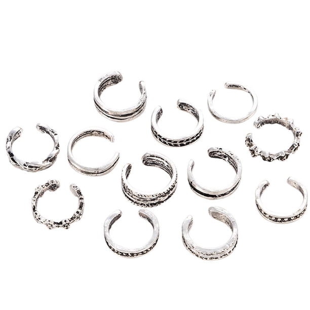 WORGEOUS 12pcs moda simple retro tallado ajustable dedo del pie anillo joyería de las mujeres (plata)