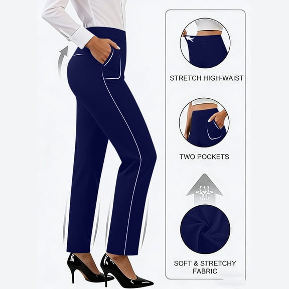 Hxshgdsn Womens Straight Leg Dress Pants High Waist Slim Fit Work Pant with Pockets Workwear(Navy/XL)
