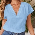 thumbnail image 3 of Outfmvch Linen Shirts for Women Linen Tunic Tops for Women V Neck Tops Outfits Short Sleeve Gauze Tops Cotton Linen Embroidered Tops Loose Gauze Tunics Blue L, 3 of 5