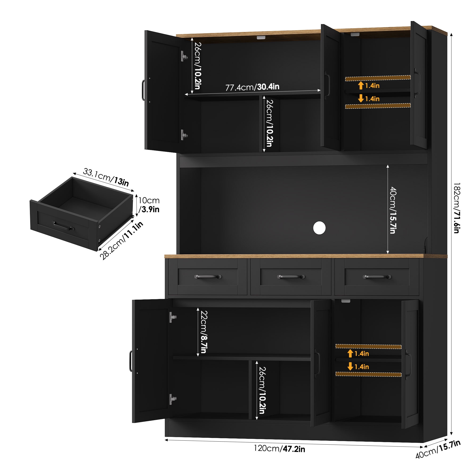 Hiphuta 72" Tall Kitchen Pantry Storgae Cabinet with RGB LED, Hutch Cabinet with Charging Station and Adjustable Shelves for Dining Room, Black & Oak