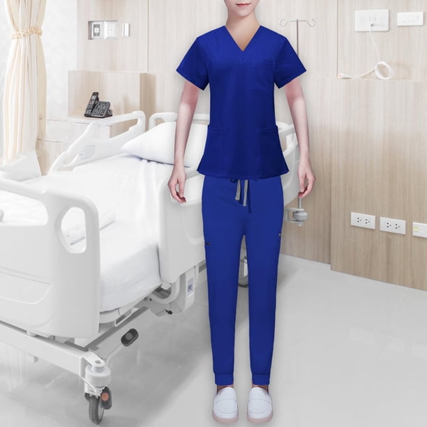 Conjunto de uniformes exfoliantes Yinane Ropa de trabajo Pantalones superiores de enfermera Azul Real L