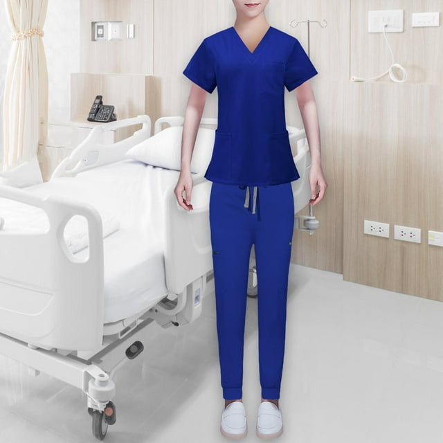 Conjunto de uniformes exfoliantes Fernando ropa de trabajo Top pantalones manga corta escote en V Azul Real L