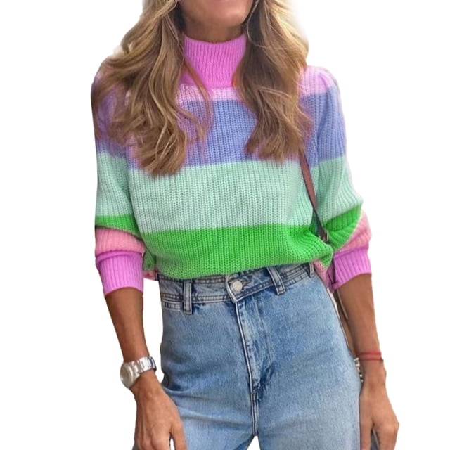 Suéter de cuello alto morado para mujer, manga larga, corte holgado, tejido a rayas, grueso y acogedor, talla S