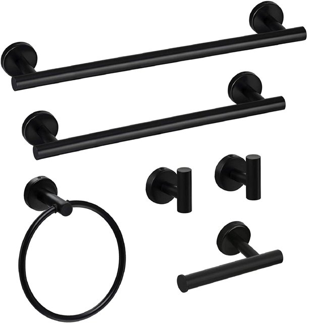 YYAO 6-Piece Bathroom Hardware Set, Bathroom Wall-Mounted Stainless Steel Towel Rack Set, Matte Black