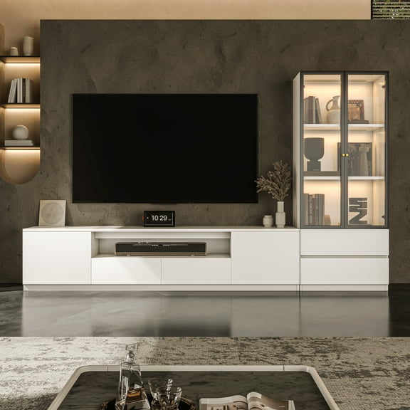 ATJafurn 102" White Modern Entertainment Center for 85 inch TV, Included TV Stand and Glass Display Cabinet, 2-Piece Media Console With Drawers Storage And Light for Living Room