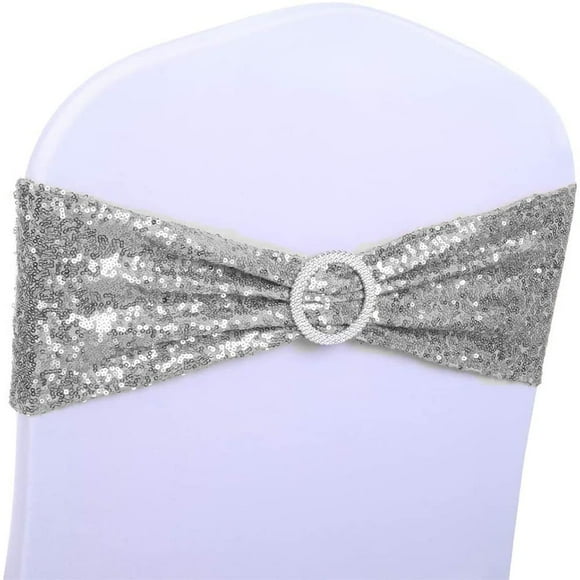 Fajas de silla SINSSOWL con lentejuelas plateadas y elastano, paquete de 100