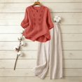 thumbnail image 5 of Womens 2 Piece Outfits 3/4 Sleeve Cotton Linen Embroidered Shirts Wide Leg Capri Pants with Pockets Matching Sets, 5 of 6