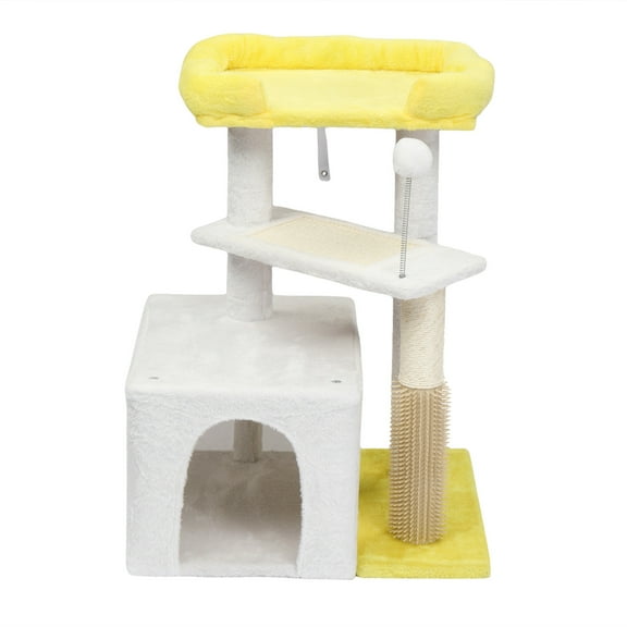 Zephypaws 27.5" Cat Tree Tower for Indoor Cats, Multi-Level Cat Condo with Scratching Post, Sisal Board, Soft Plush Bed & Toy Ball, Modern Yellow and White Design