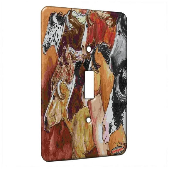 KuzmarK™ Single Gang Toggle Switch Wall Plate - Colorful Mustangs Wild Horse Art by Denise Every