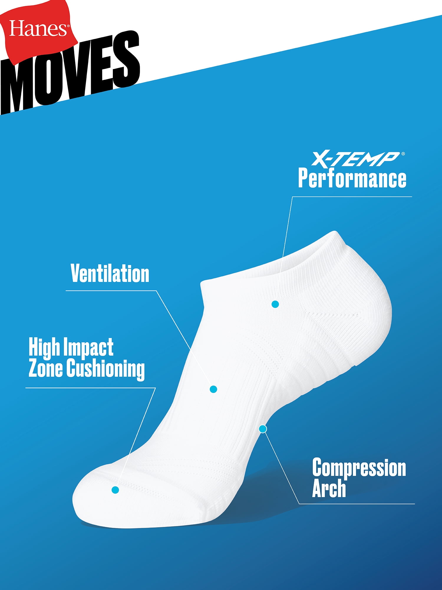 Hanes Mens No-Show Socks, 3-Pack, Moves Impact Zone Cushioned No-Show Socks, Shoe Sizes 6-12