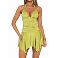 thumbnail image 4 of Women Halter V Neck Mini Dress Flowy Irregular Ruffle Hem Backless Summer Dress Ruched Dresses Fluorescent Yellow S, 4 of 9