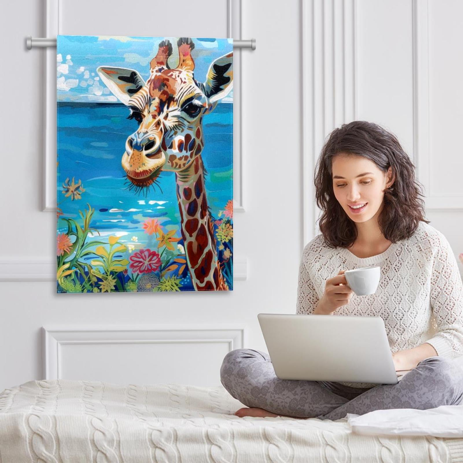 Welcome Funny Giraffe Wildlife Blue Ocean Beach Coastal Coral Garden Flag, Vertical Double Sided Small House Flag, Yard Farmhouse Outdoor Deck Veranda Lawn Decor 28x40 Inch
