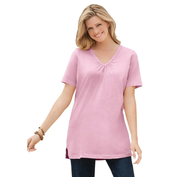 Woman Within Plus Size Perfect Short-Sleeve Shirred V-Neck Tunic