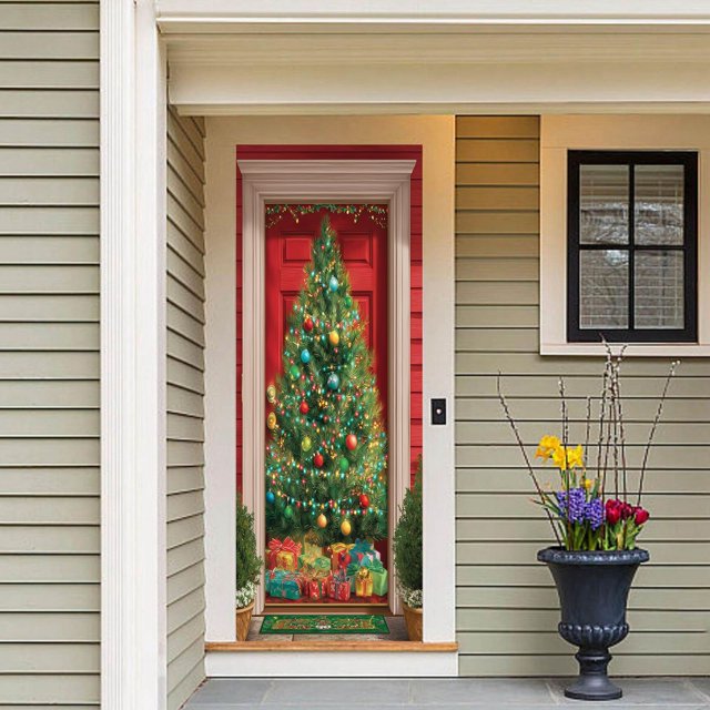 Panneau de Porte Vache Tapisserie Décorative Rideau de Fête de Noël Festif pour Porte d'Entrée et Entrée