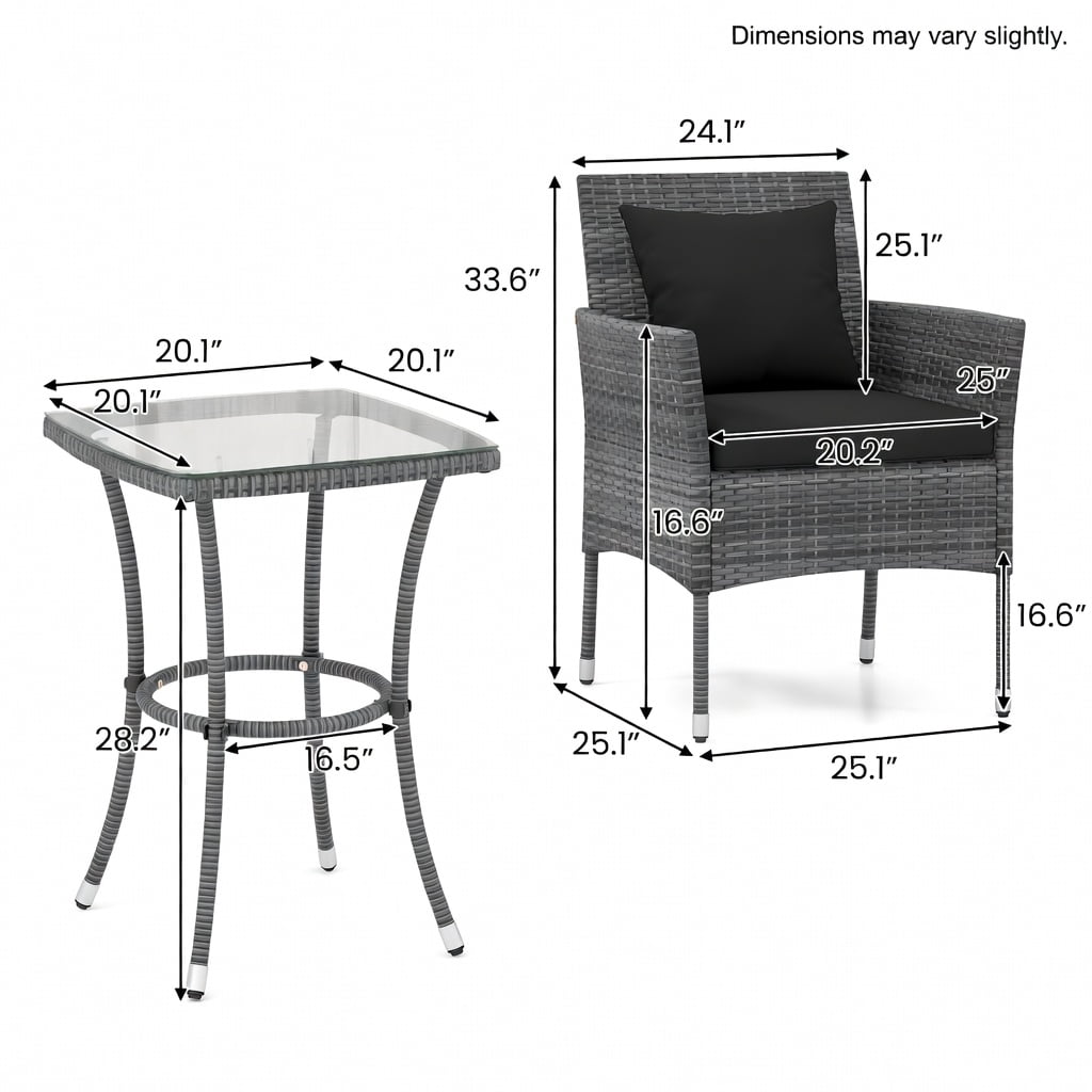 Hommoo 3-Piece Outdoor Patio Furniture Set, PE Rattan Chairs with Cushions & Tempered Glass Coffee Table for Porch, Garden, Backyard, Gray