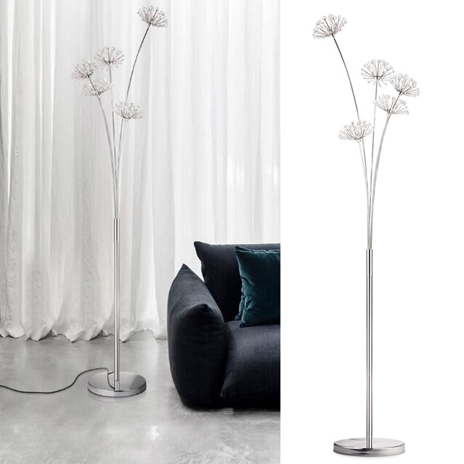 110V Crystal LED Floor Lamp Living Room Lighting Standing Lamp Tall Pole Shade 5 Head for Home, Office