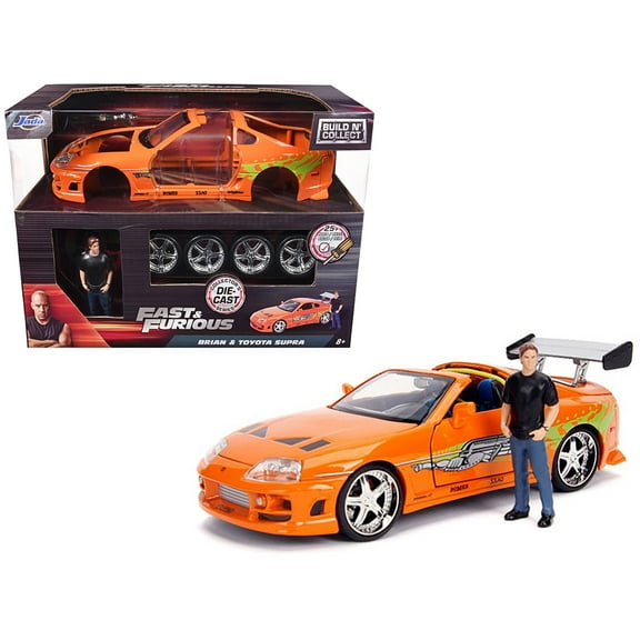 Model Kit Toyota Supra Metallic Orange with Brian Diecast Figure "Fast & Furious" Movie "Build N' Collect" 1/24 Diecast Model Car by Jada