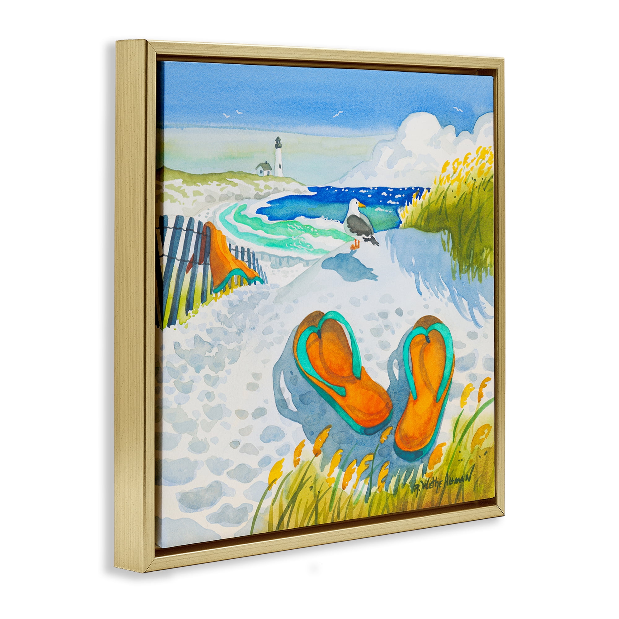 Stupell Industries Seagull & Flip Flops Gold Framed Floater Canvas Wall Art, design by Robin Altman