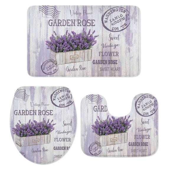 Purple Vintage Lavenders Bath Mat 3 Piece Bathroom Rug Set, Farmhouse Wooden Retro Art Non Slip Bath Rug Contour Mat and Toilet Lid Cover, Absorbent Shower Mats Soft Bath Rugs and Mats Sets