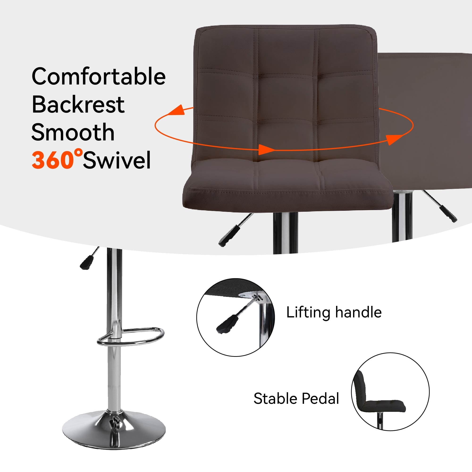 MAYEERTY Set of 2 Bar Stools, Adjustable Swivel Counter Height Stools,Brown