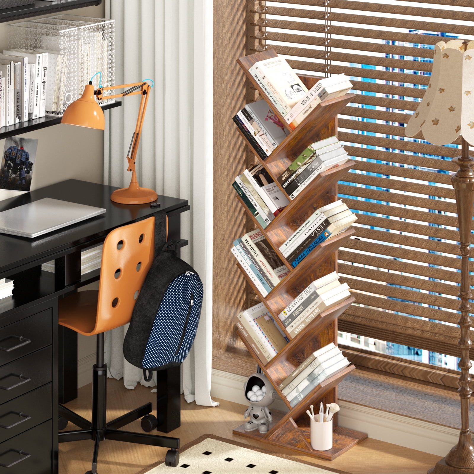 LELELINKY 10-tier Tree Bookshelf, Free-standing Storage Bookcase, Tall Bookshelf, Shelves for Living Room, Home Office, Bedroom, Balcony - Brown