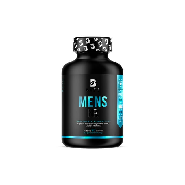 Mens Hair de 90 Cápsulas. Ingredientes naturales: Colágeno Hidrolizado, L Lysina, Zinc, B5, B6, Biotina y D3. Mens Hair B Life.