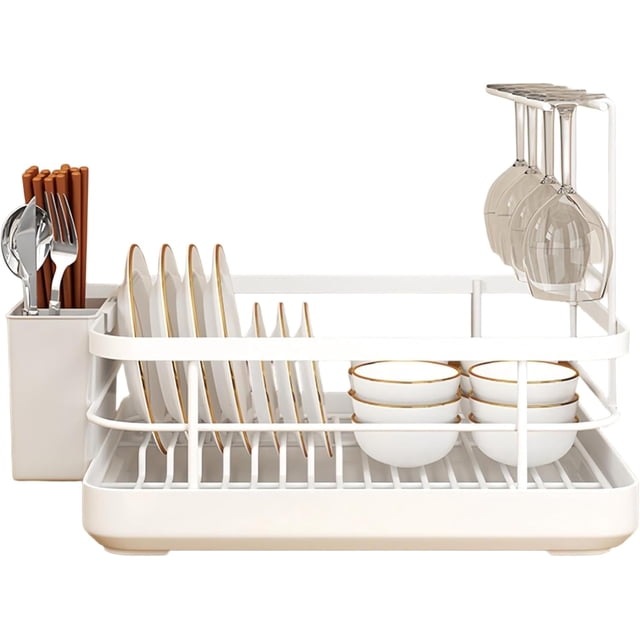 Kitchen Sink Dish Drying Rack: Drying Dish Rack, 2025 New Multifunctional Dish Rack with Drainer Tray, Chopstick Holder, and Wine Glass Rack, Dish Drainers for Kitchen Counter (White Upgraded)