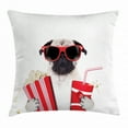 thumbnail image 1 of Pug Throw Pillow Cushion Cover, Going to the Movies Pug Dog Popcorn Soft Drink Movie Star Glasses Animal Fun Image, Decorative Square Accent Pillow Case, 20 X 20 Inches, Cream Red Black, by Ambesonne, 1 of 2
