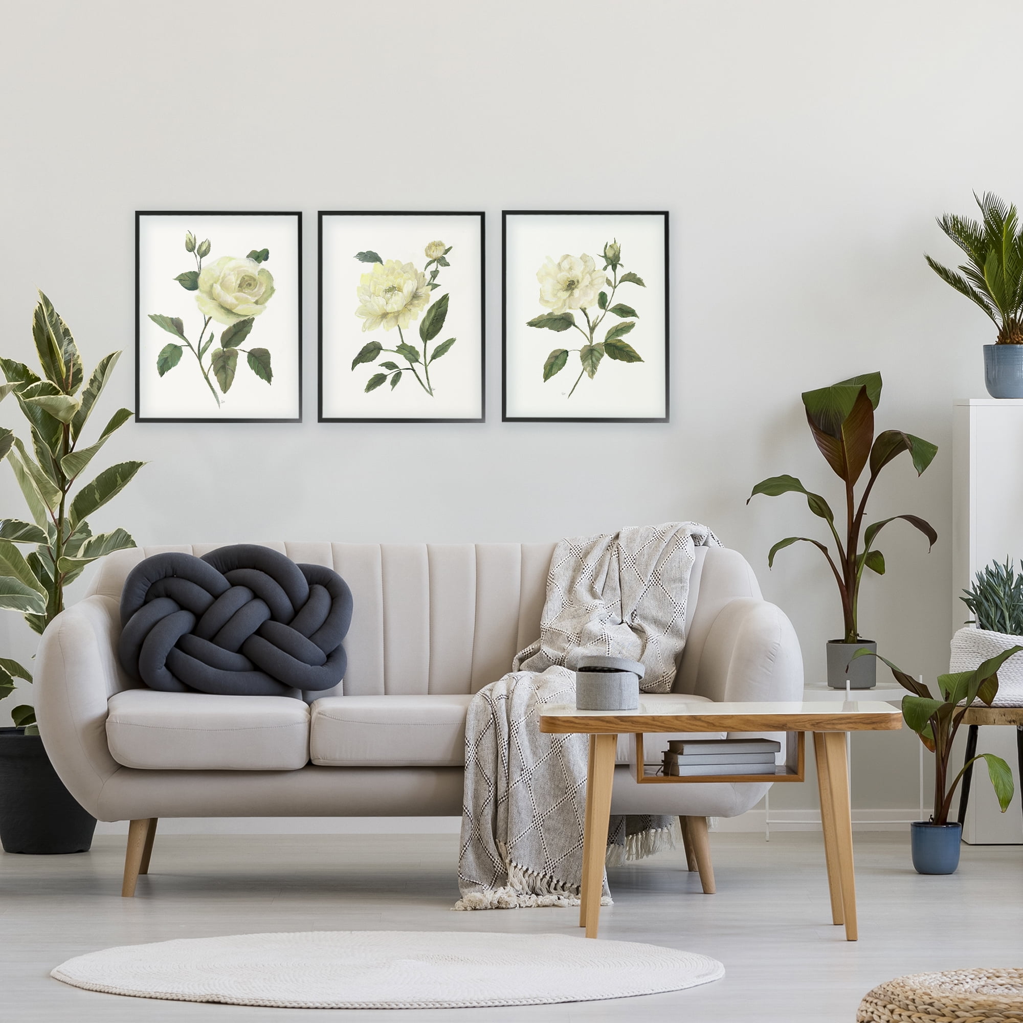 Stupell Industries Ivory Budding Garden Flowers 3 Piece Black Framed Giclee Art Set, design by Nan