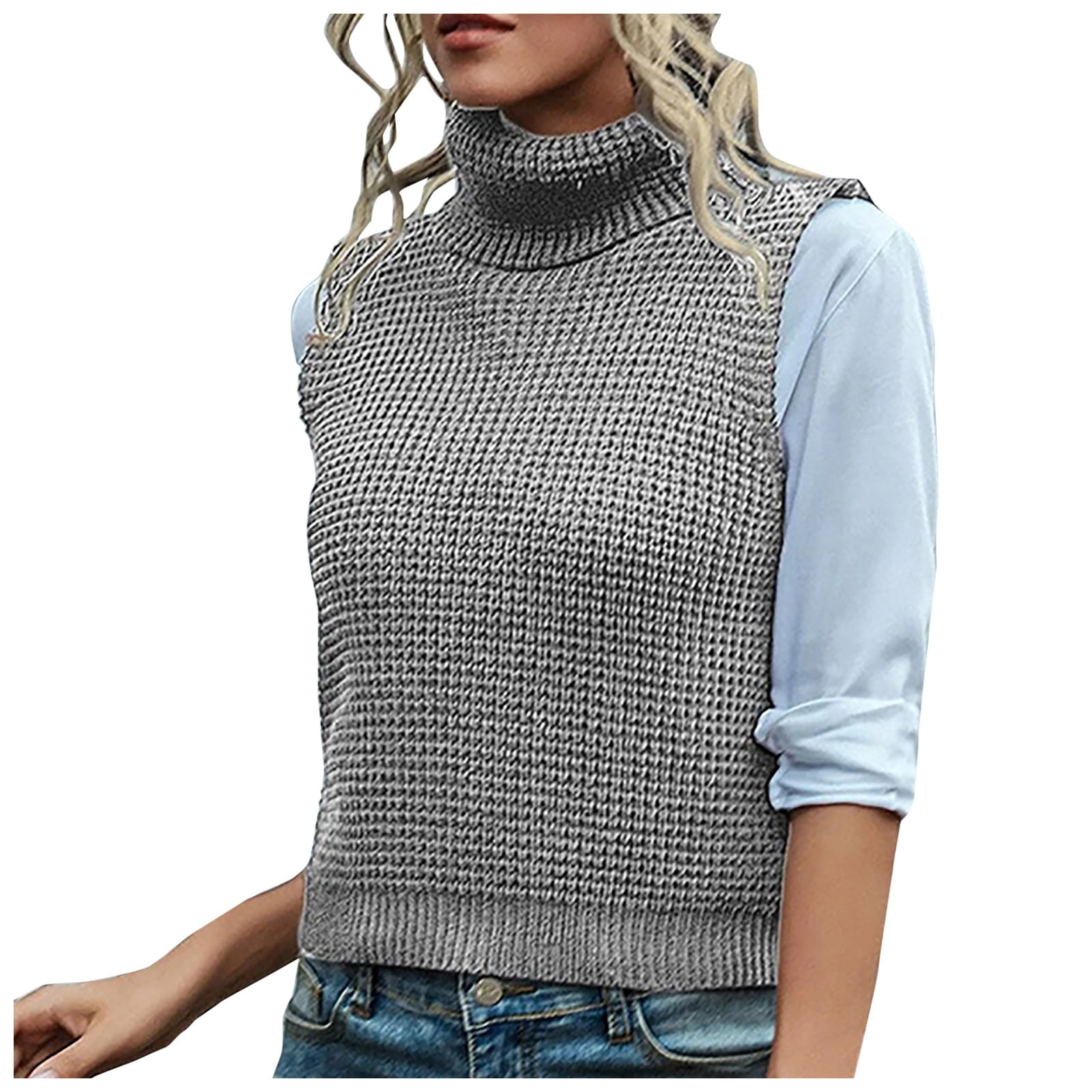 Women's Knit Sweater Vest Turtleneck Cable Soft Knitted Sleeveless