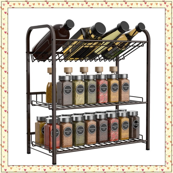 Auledio 3 Tier Metal Spice Rack Organizer Adjustable Seasoning Jars Rack for Kitchen Counter-top (Bronze)