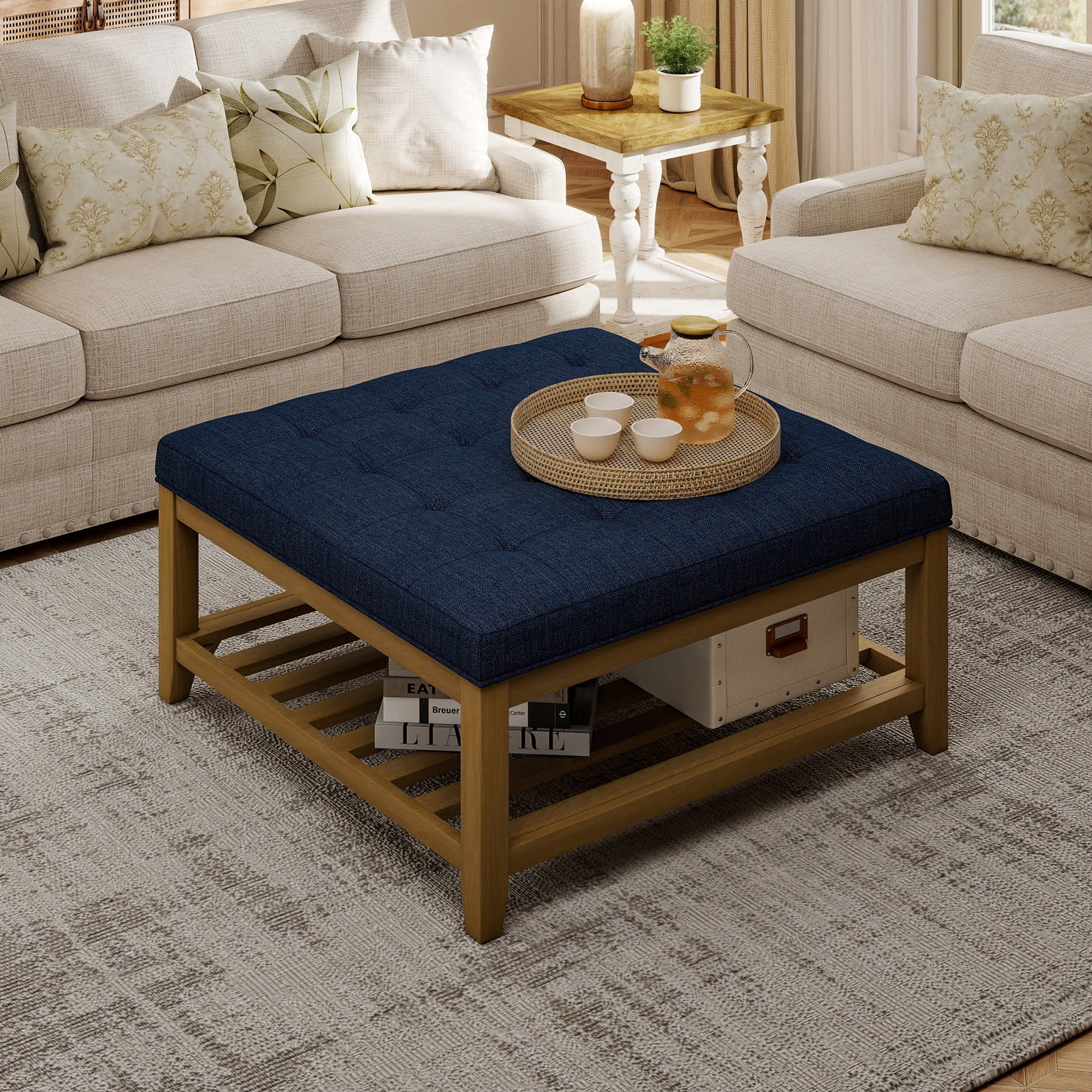 Square Upholstered Ottoman Coffee Table with Storage Shelf, Linen Fabric, Tufted Top, 31.9"x31.9", Navy Blue