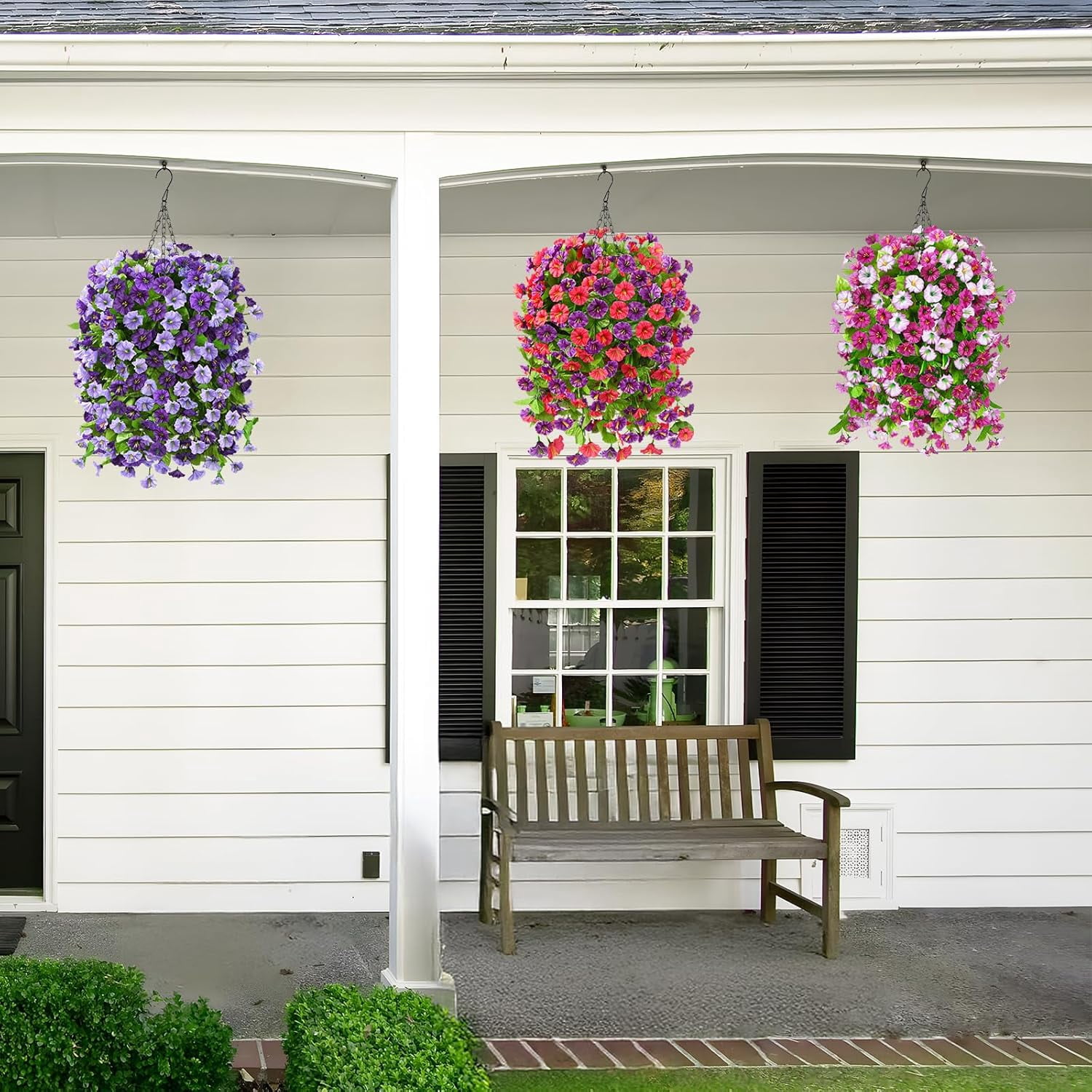 Artificial Fake Hanging Flowers Plants Baskets for Outdoor Spring Summer Decorations,Faux Morning Glory Silk Flower for Outside UV Resistant Patio Yard Home Porch Decor